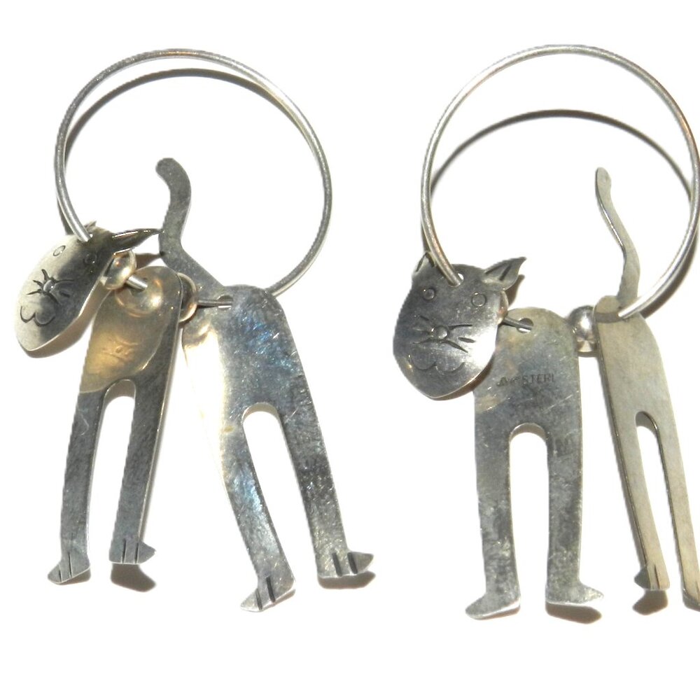 Vintage Sterling Silver Articulated Kitty Cat Hoop Earrings